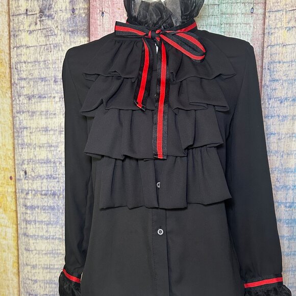 RUFFLE COLLAR & CUFFS FRONT TIE BUTTON DOWN SHEER LONG SLEEVE BLOUSE - Picture 5 of 11